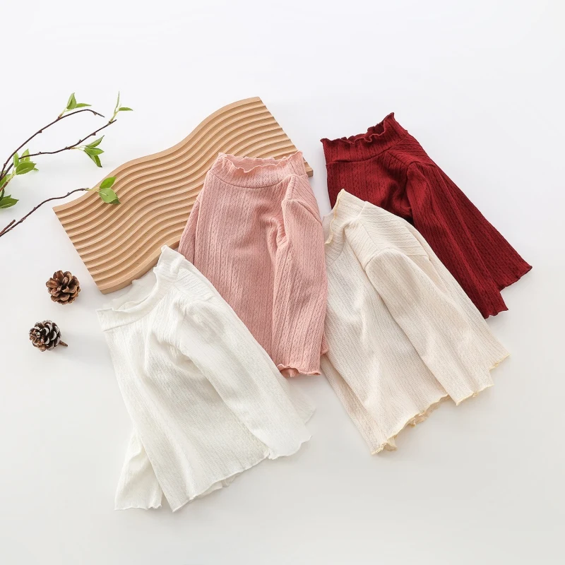 

Toddler Girls Basic Shirt Long Sleeve Knit BlouseCotton Ruffle Tee T-shirts Turtleneck Base Layer Shirts Kids Outfit Tops 0-4T