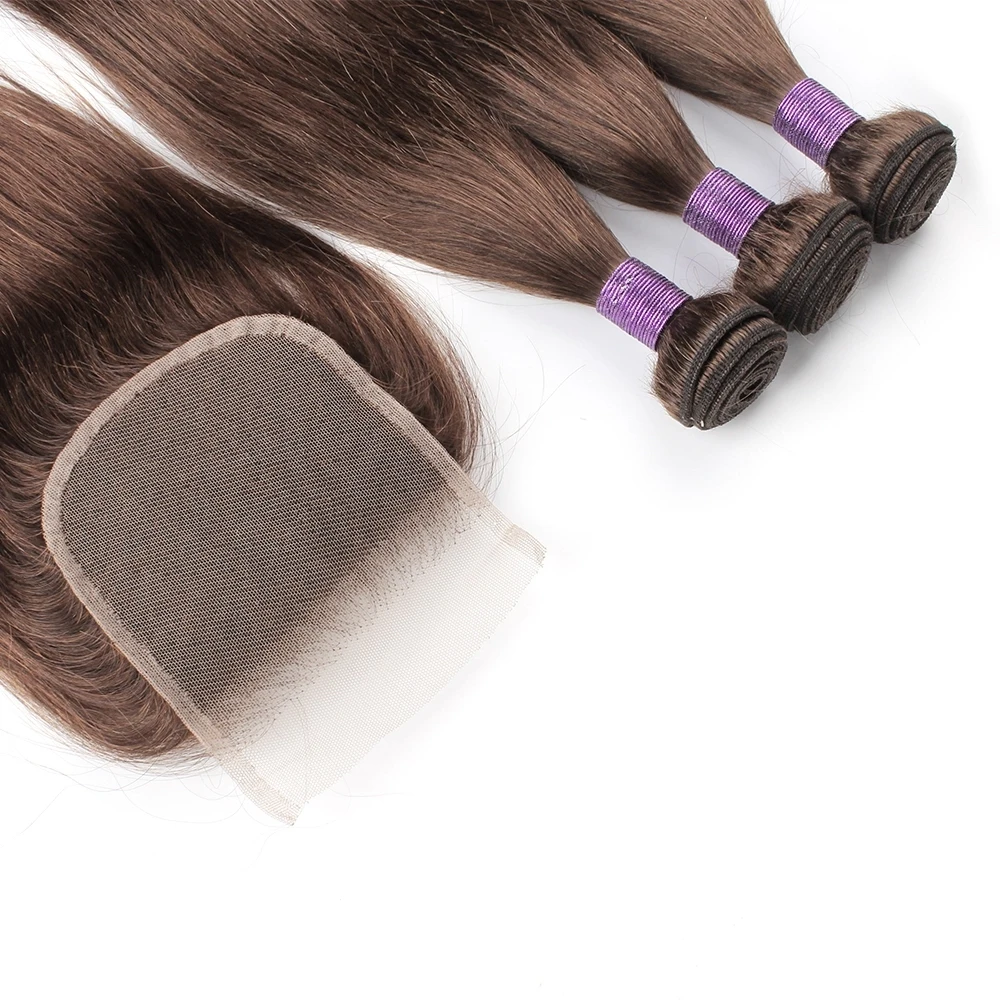 Kisshair #4 волосы пряди с закрытием 200 г/компл. темно-коричневые прямые объемная волна