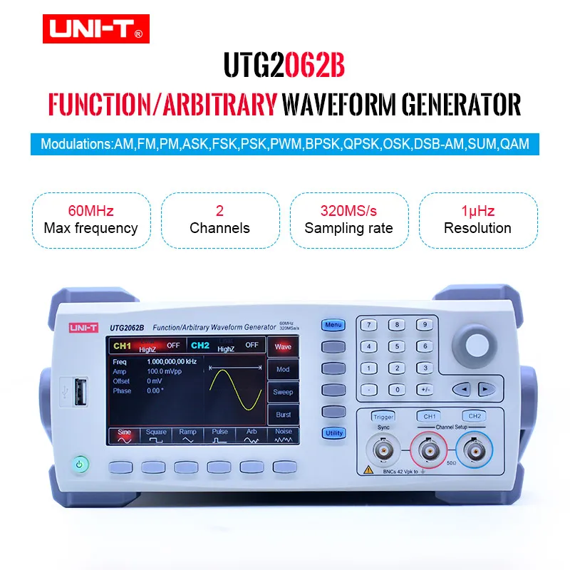 

UNI-T UTG2062B Function/Arbitrary Waveform Generator; 2 Channels, 60MHz Max. Output Frequency, 320MS/s Max. Sample Rate