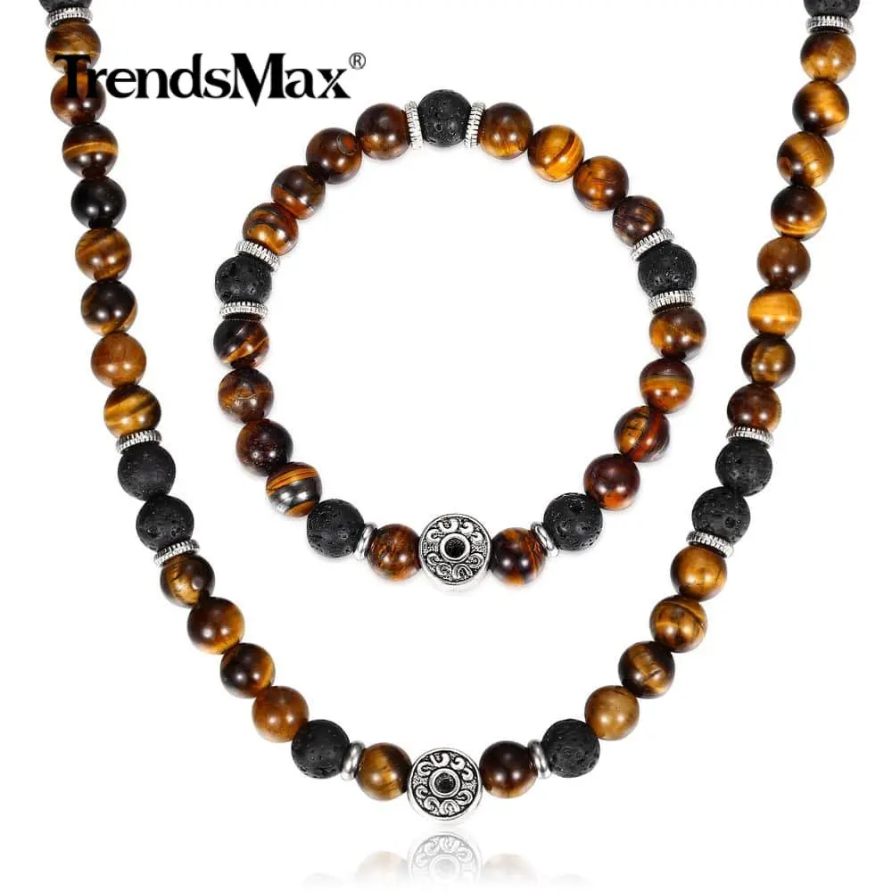 Natürliche Tiger Augen stein Armbänder Halskette Set für Männer Frauen Edelstahl Lava Perle Schmuck Sets Männlichen Geschenk DS04