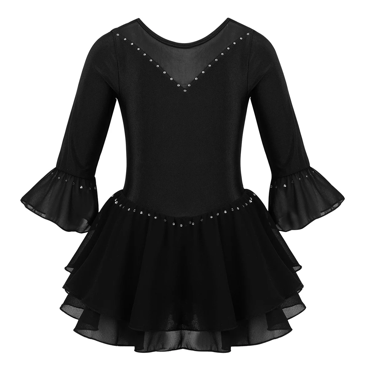 Блестящий сетчатый купальник с рукавами 3/4 для девочек стразы фигурного катания