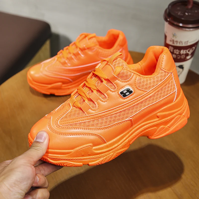 Orange Модные массивные кроссовки; женская обувь; кроссовки на платформе и высоком каблуке; повседневные кроссовки для женщин; Цвет зеленый, желтый; chaussures femme - Цвет: Orange