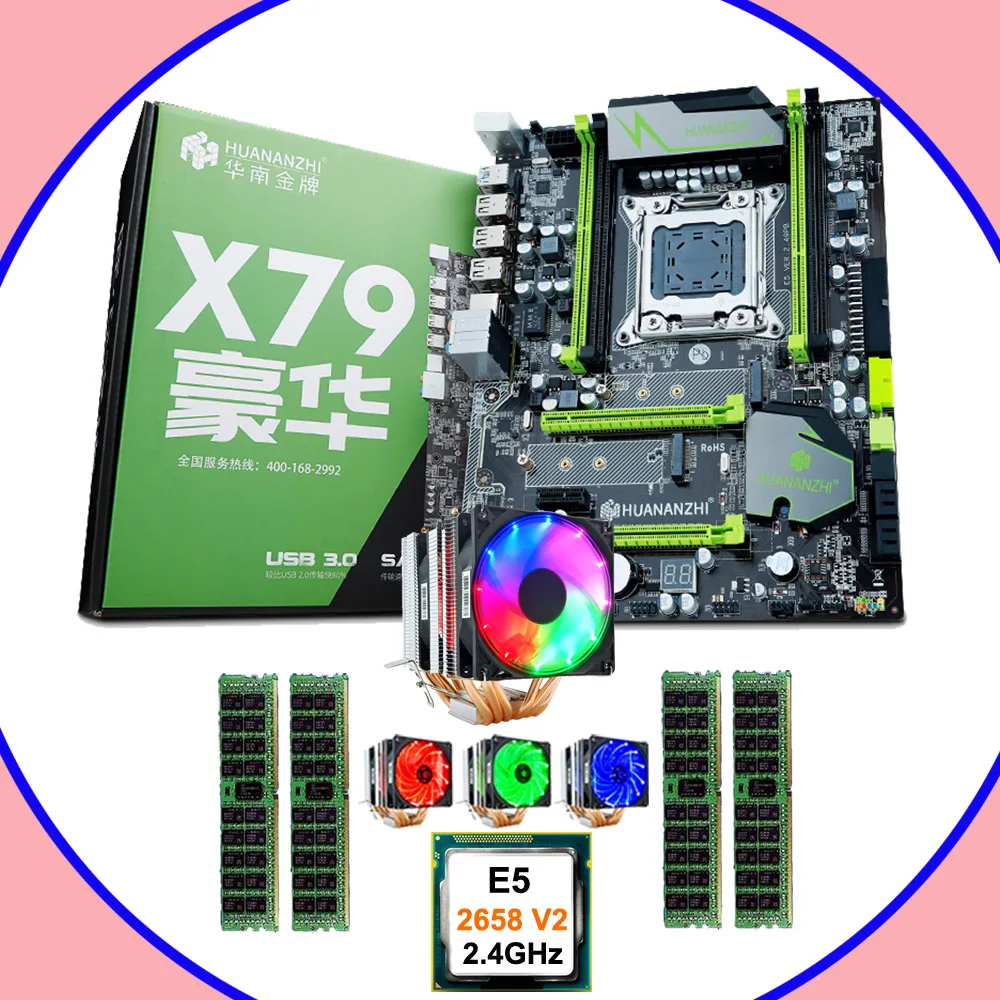 

HUANANZHI X79 Super Gaming Motherboard Set Dual M.2 SSD Slot CPU Xeon E5 2658 V2 with Cooler Big Brand RAM 64G(4*16G) 1866 RECC