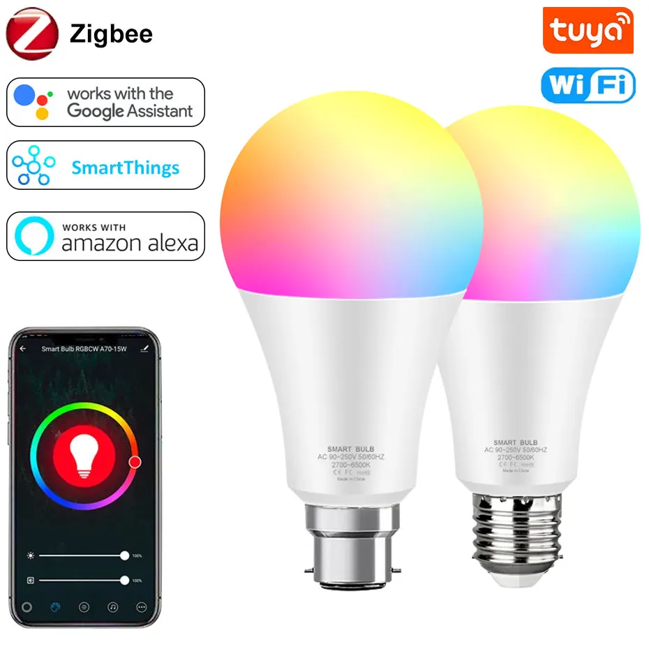 

Умная Светодиодная лампа Zigbee E27 B22 с Wi-Fi светильник 15 Вт, 110 В, 220 В