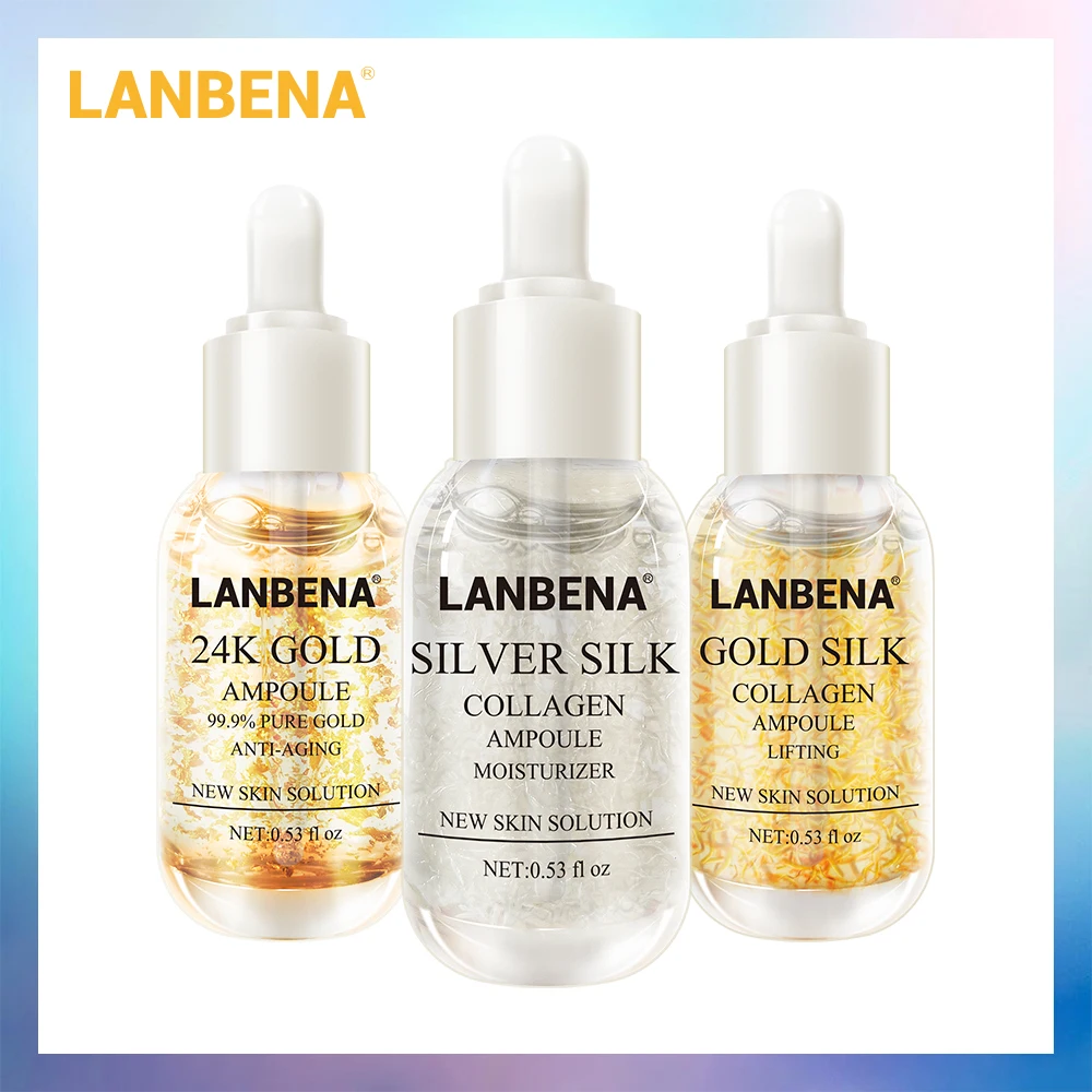 LANBENA 24K золото+ серебро шелк+ золото шелк ампула коллагена Сыворотка против старения осветление пятен увлажняющий отбеливающий укрепляющий уход за кожей