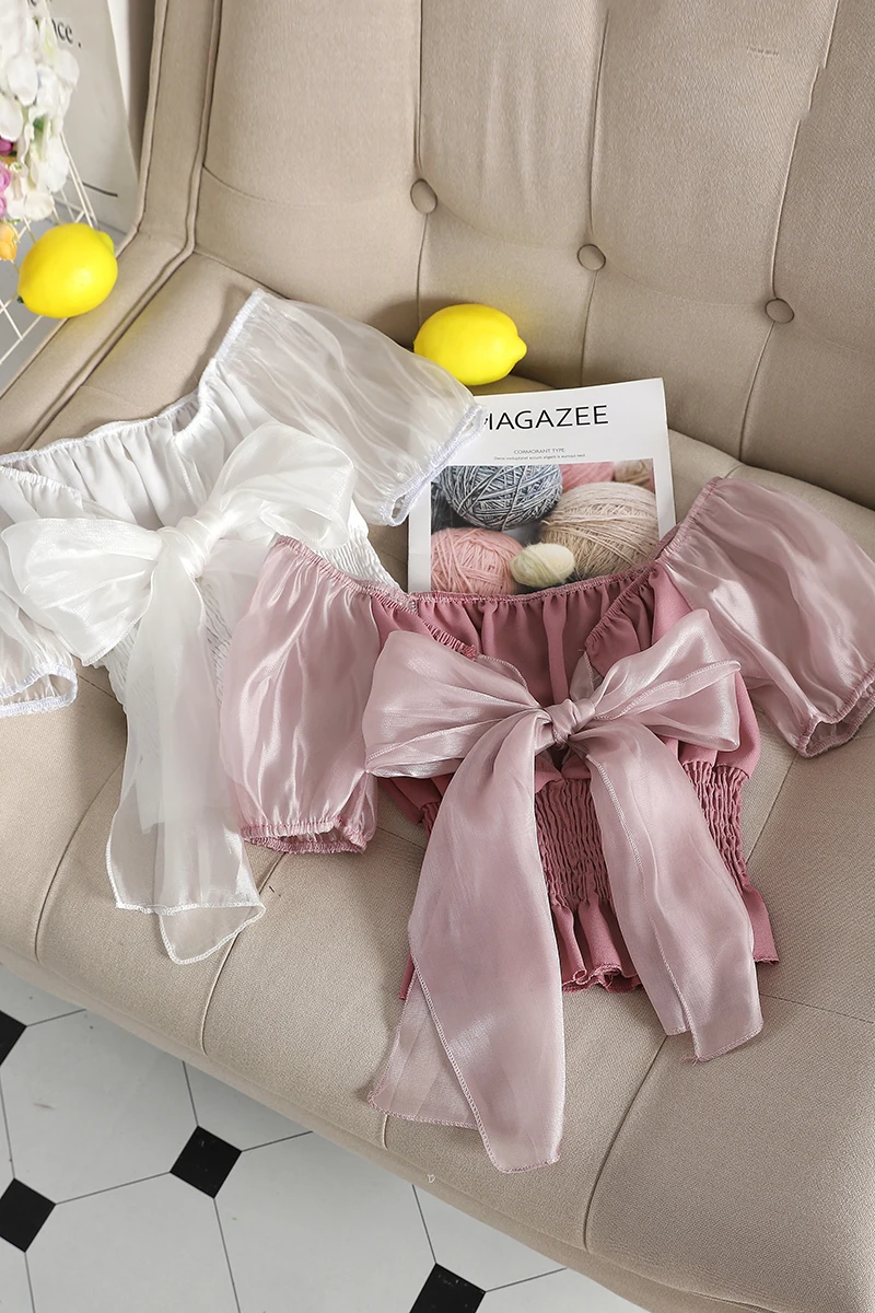

Summer New Bow High Waist Short Bubble Sleeve Mesh Lantern Sleeve Drawstring Sweet Short Sleeve Shirt for Women B415