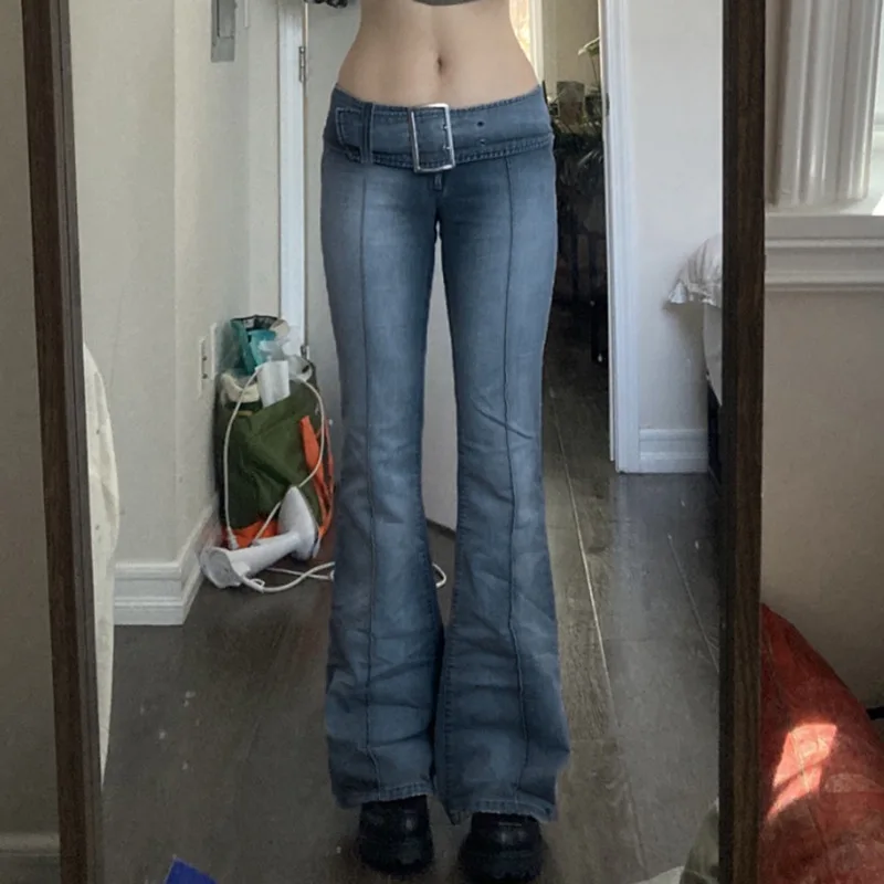 

Y2K Low Rise Jeans Streetwear Belts Distressed Denim Trousers 90s Vintage Slim Patchwork Blue Denim Flare Pants