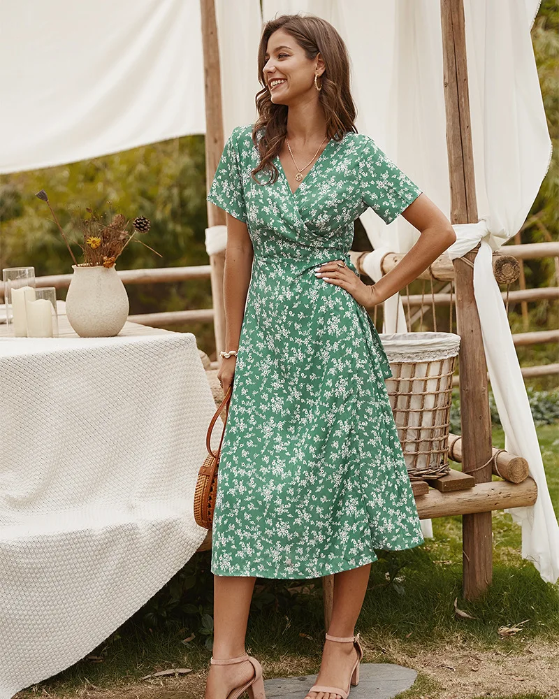 

2021 New fashion Arrivals spring and summer Elegant Printed dress mid-length dress Ins style Floral slimming short-sleeved dress