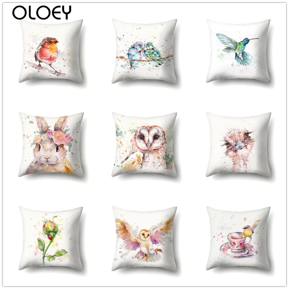 

Акварельные искусственные мягкие наволочки для дивана и офиса, персиковая кожа, с рисунком птицы, красочная декоративная наволочка, домашн...