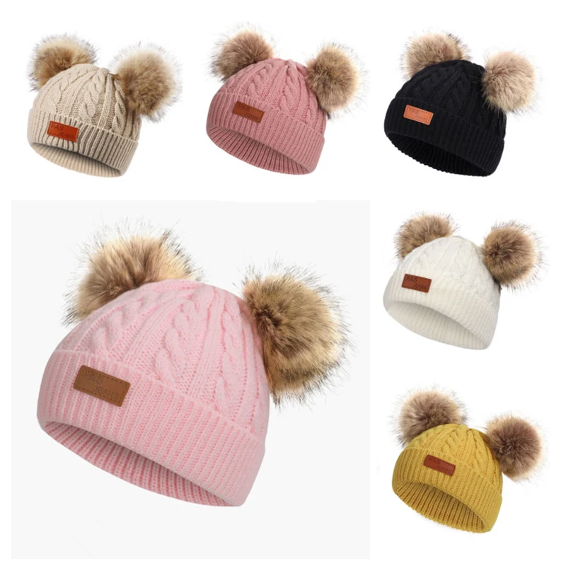 

Baby Cute Knit Hat Autumn Winter Warm Kids Beanies Cap Solid Color Furry Crochet Twist Double Pompom Children Toddler Hat