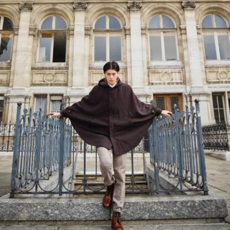 Плащ с капюшоном длинное мужское шерстяное пальто Мужское рукавом летучая мышь