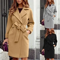 winter women wool long coat elegant solid lapel blend coat with belt jacket autumn vintage office lady slim fit female overcoat