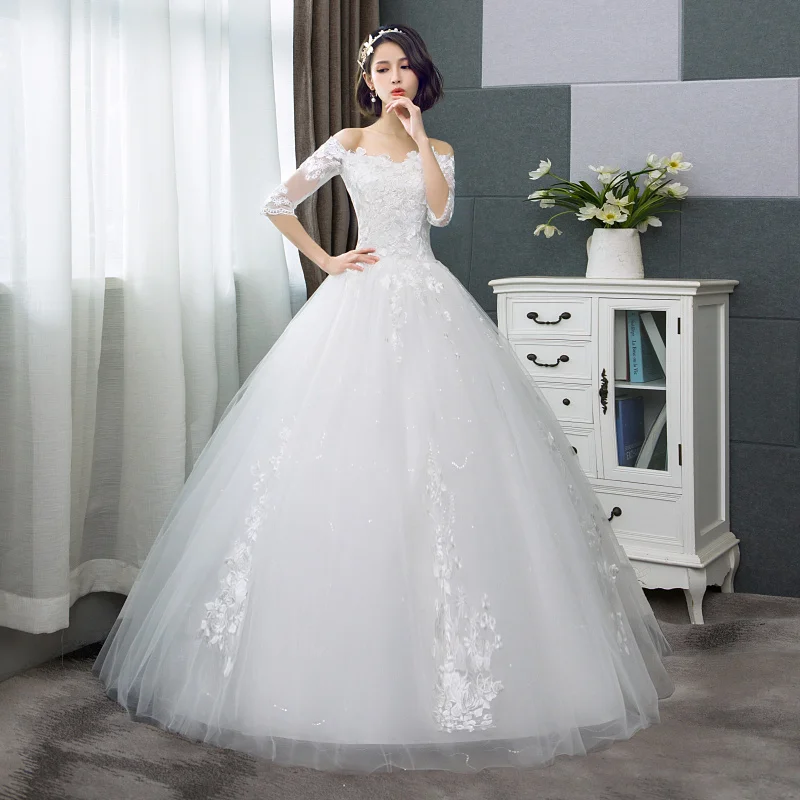 

Women's wedding dress lace embroidery off shoulder plus size bridal Muslim wedding gown