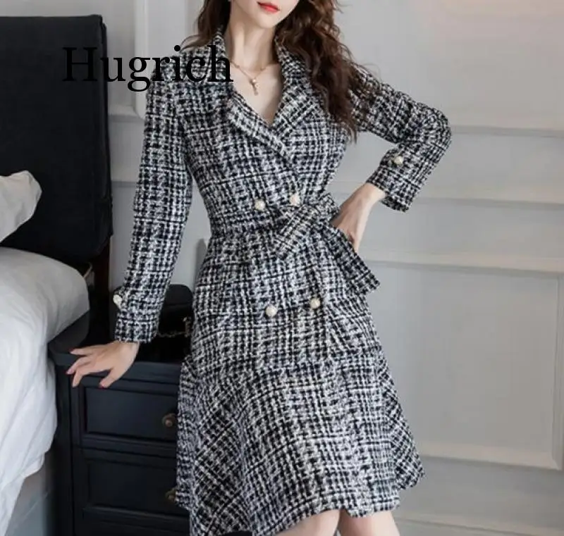 

2020 Autumn Winter Korean slim Plaid Tweed Wool Long Coat Women Notched Double Dreasted Sashes Ruffles Woolen Overcoat
