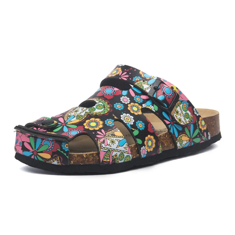 

Women's Fashion Buckle Strap Summer Beach Flat Cork Slippers High Quality Sexy Leather Print Platform Fretwork Ladies Slides