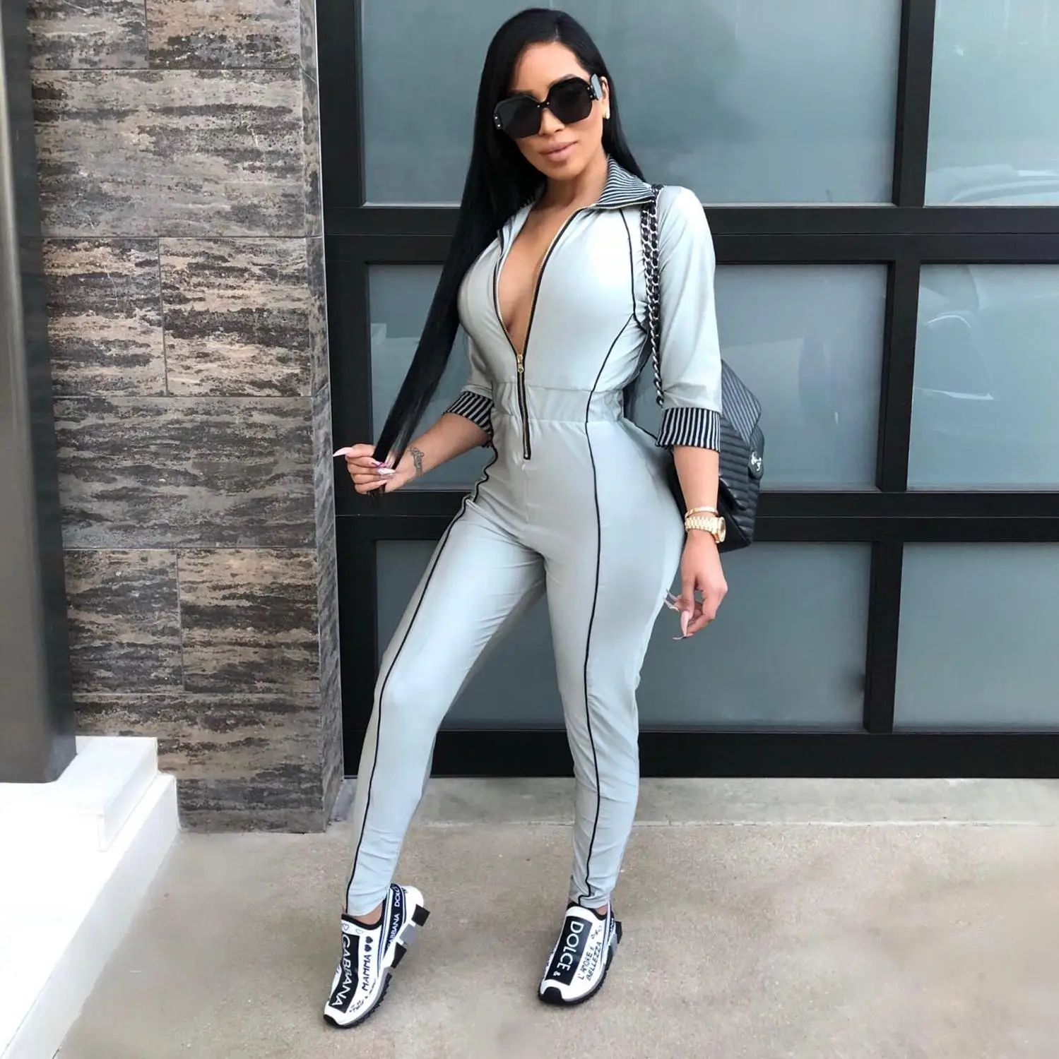 

New Arrival V-neck sexy jumpsuit fashion seven-point sleeve solid overalls Women jumpsuit Zipper Lapel Casual Slim Palysuit
