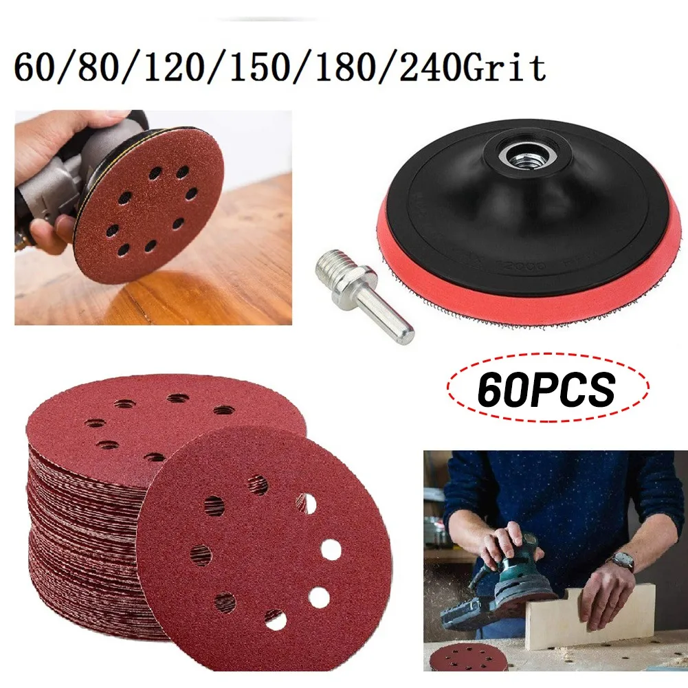 

60pcs Sanding Discs Sandpaper 5" 125mm 40/60/80/120/150/180Grit With Backing Pad Sanding Paper Buffing Sheet Sandpaper 8 Hole Sa