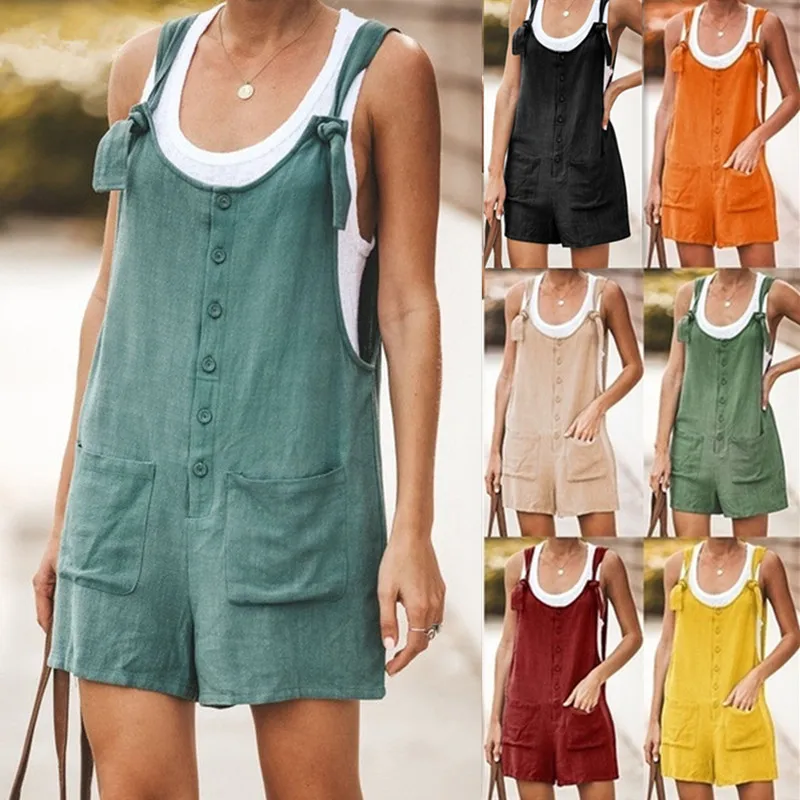 Fashion Women Jumpsuits Cotton Linen Romper Beach Casual Solid Color Button Pocket Playsuit Strap Sleeveless Short Jumpsuit Lady 1