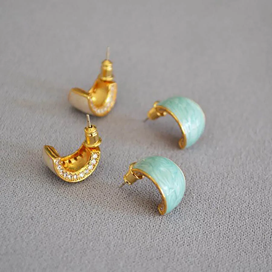 

Korean fresh fashionable handmade pearl enamel drip glaze zircon earrings for women blue C-shape winter tender eardrop