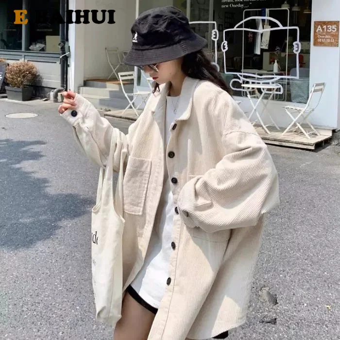 

EBAIHUI Corduroy Jacket Women's Spring Autumn Shirts Casual Couple Outwear Solid Oversized Shirt Bf Style Top