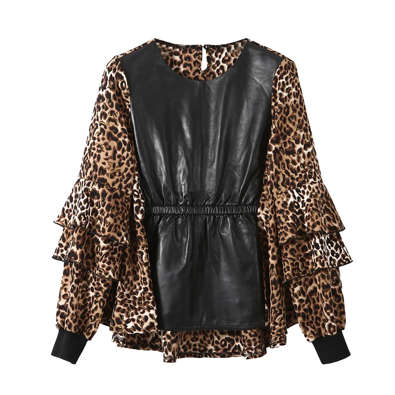 

Fashion Womens New Sheepskin Spliced Leopard Pullover Shirt O-Neck Korean Style Flare Sleeve Genuine Leather Casual Blouse