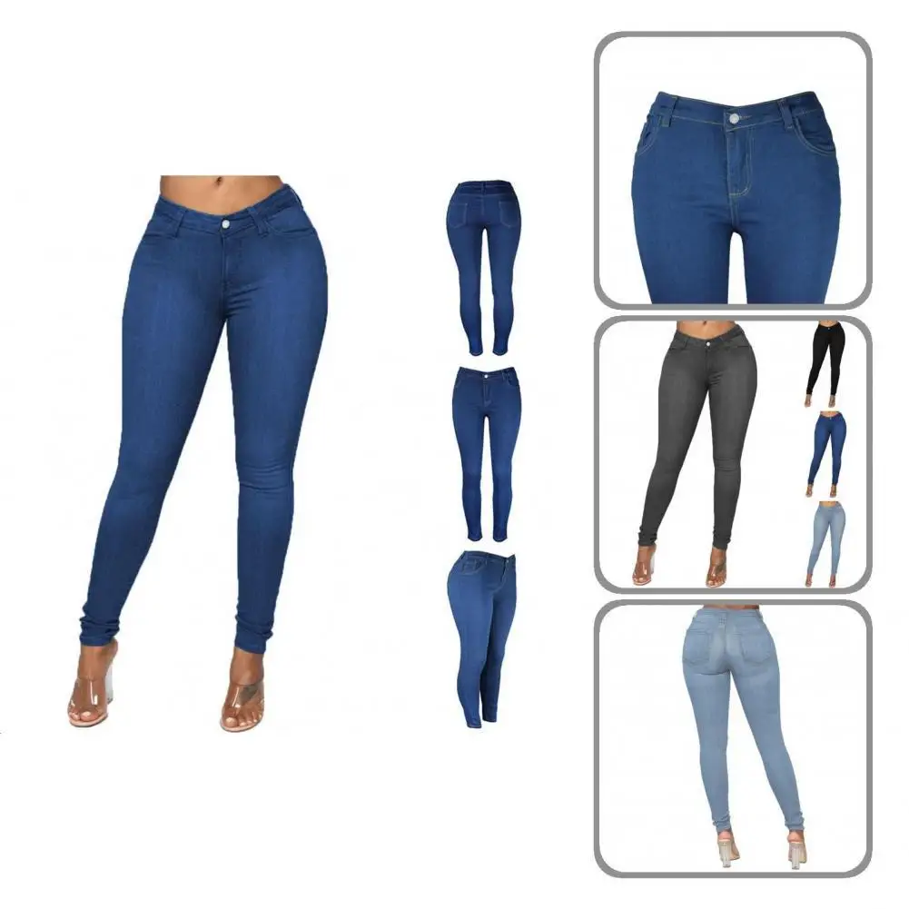 

Retro Popular Mid Waist Skinny Denim Pants Button Zipper Fly Denim Pants Shaping Streetwear