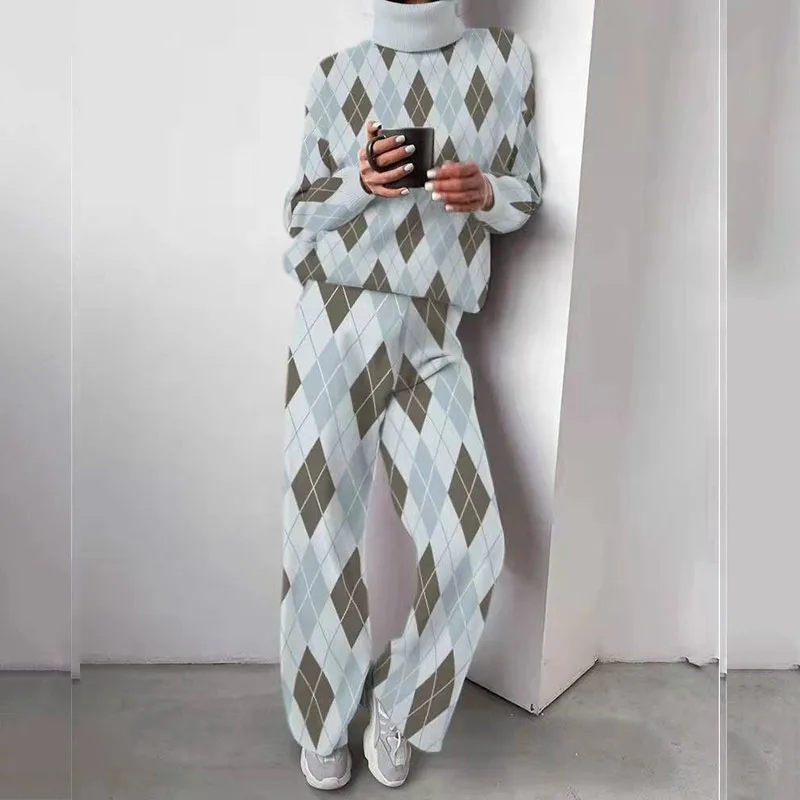 

2021 Winter Women Turtleneck 2 Piece Set Long Sleeve Hoodie and Wide Leg Pants Suit Retro diamond Print Sexy Leisure Suit