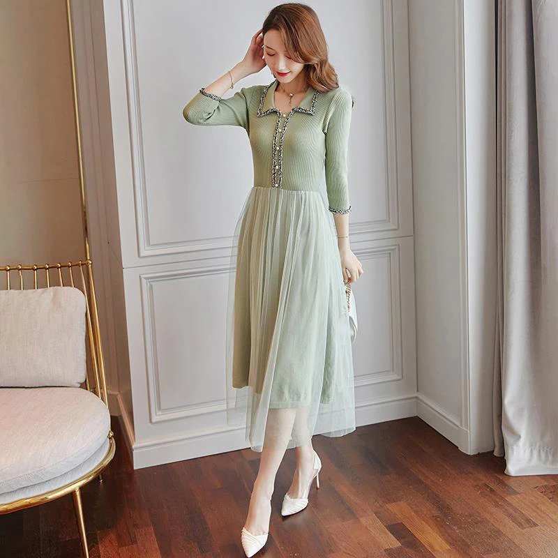 

Women's Spring Summer Style Mesh Dress Women's Casual Zipper Turn-down Collar Half Sleeve Solid Color Dress SS1241