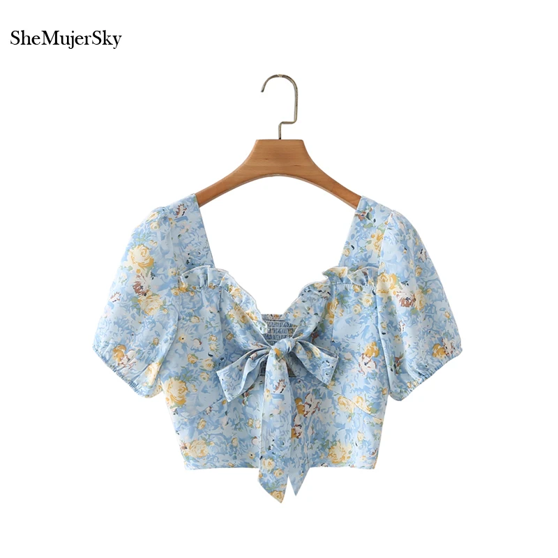 

Женские Эластичные блузки SheMujerSky с коротким рукавом и открытой спиной, укороченные топы с бантом и квадратным воротником, летние женские ру...