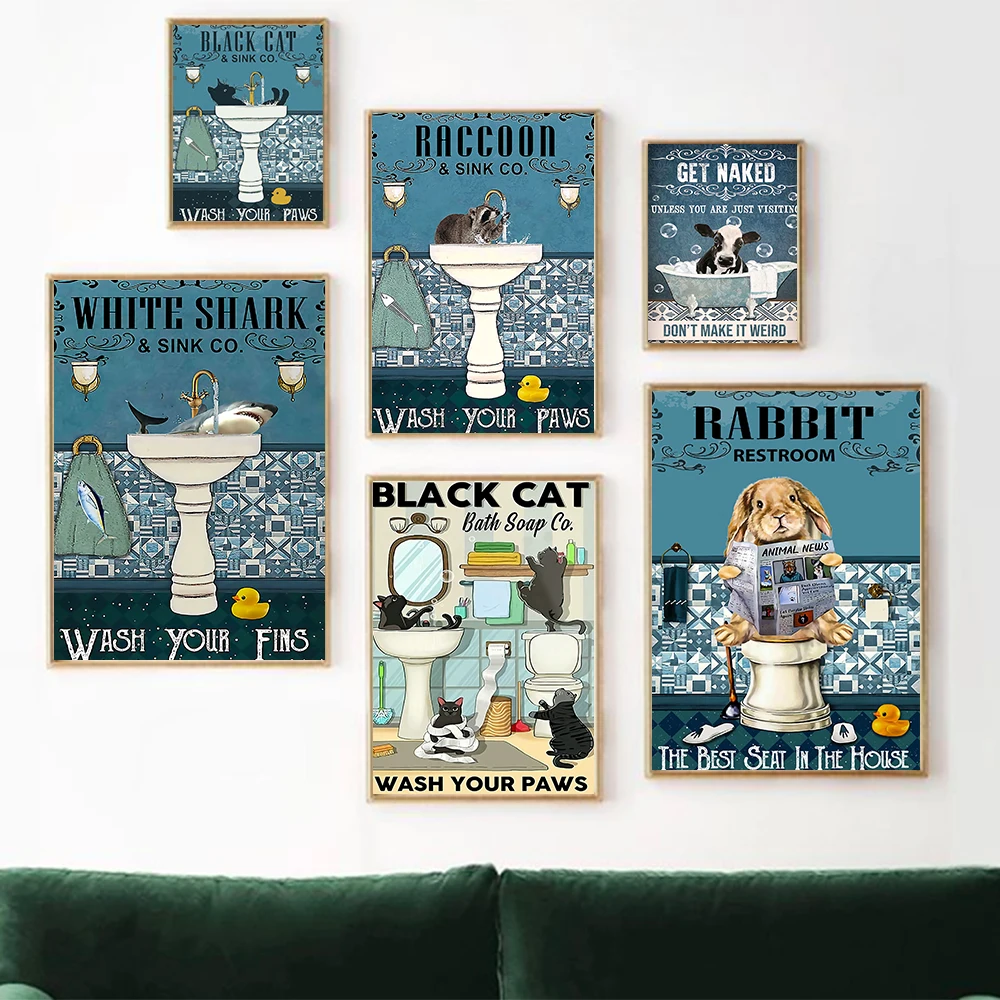 

Black Cat Shark Rabbit Raccoon Poster Get Naked Quote Canvas Painting Bathroom Toilet Restroom Wall Art Decor Pictures Frameless