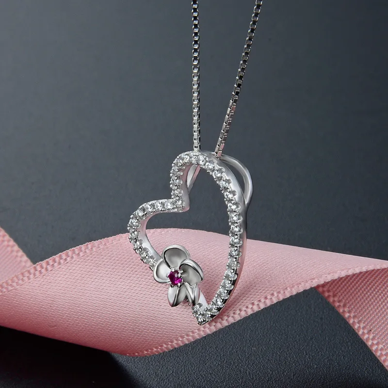 

s925 Pure silver love necklace lady collarbone chain zircon flower pendant jewelry