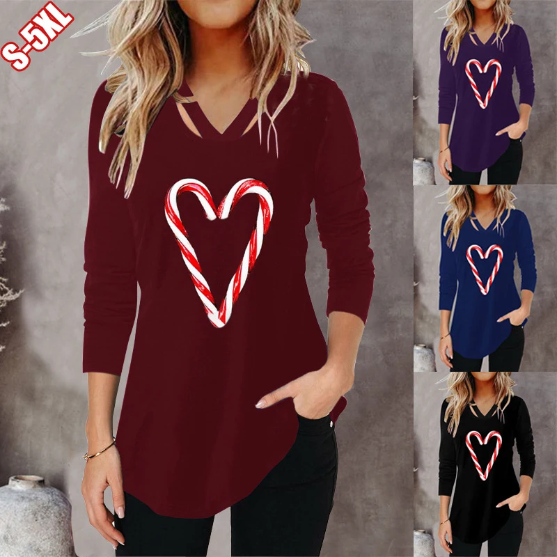 

2021 Autumn Winter Woman Clothes Christmas Heart Print V-neck Casual Festival Tops Tee 3xl Oversized Fashion Hollow Out Harajuku