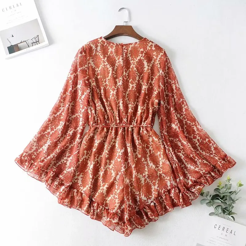 Женский винтажный шикарный комбинезон Бохо с цветочным принтом V-образным