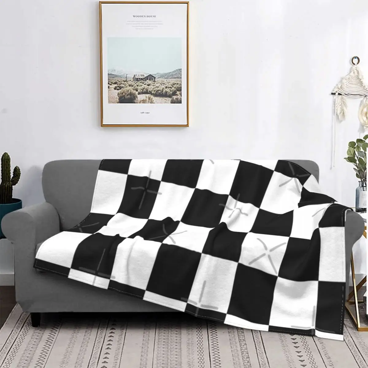 

Manta con estampado a cuadros en blanco y negro, a cuadros colcha para cama, sofá, manta con capucha para sofá