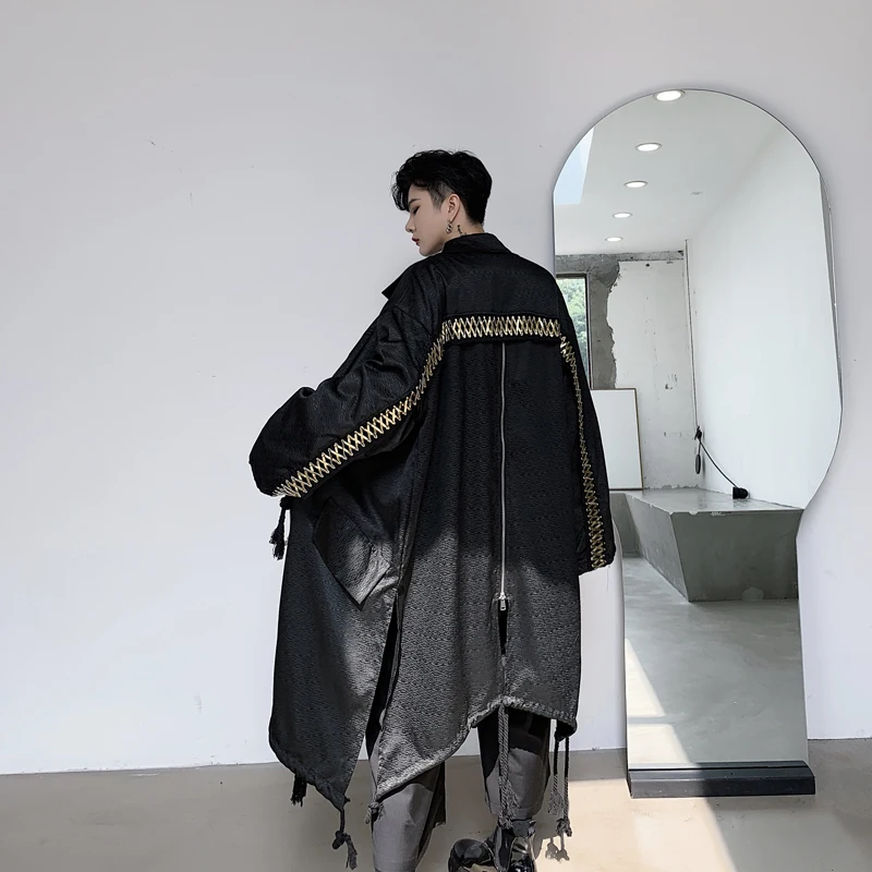 Мужской Свободный Повседневный длинный Тренч с золотыми лентами Мужская Уличная