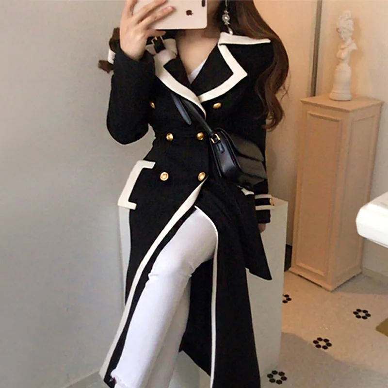 

New Winter Korean Woolen Jacket Women Temperament Contrast Color Double Breasted Tweed Trench Office Lady Coat Long Outwear