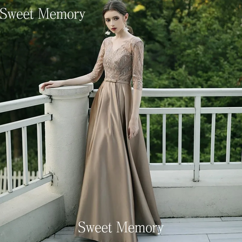 Платье на вечеринку M001 с полурукавами, из каштанового, тёмно-синего и красного атласа Sweet Memory, с длинным V-образным вырезом на свадьбу.