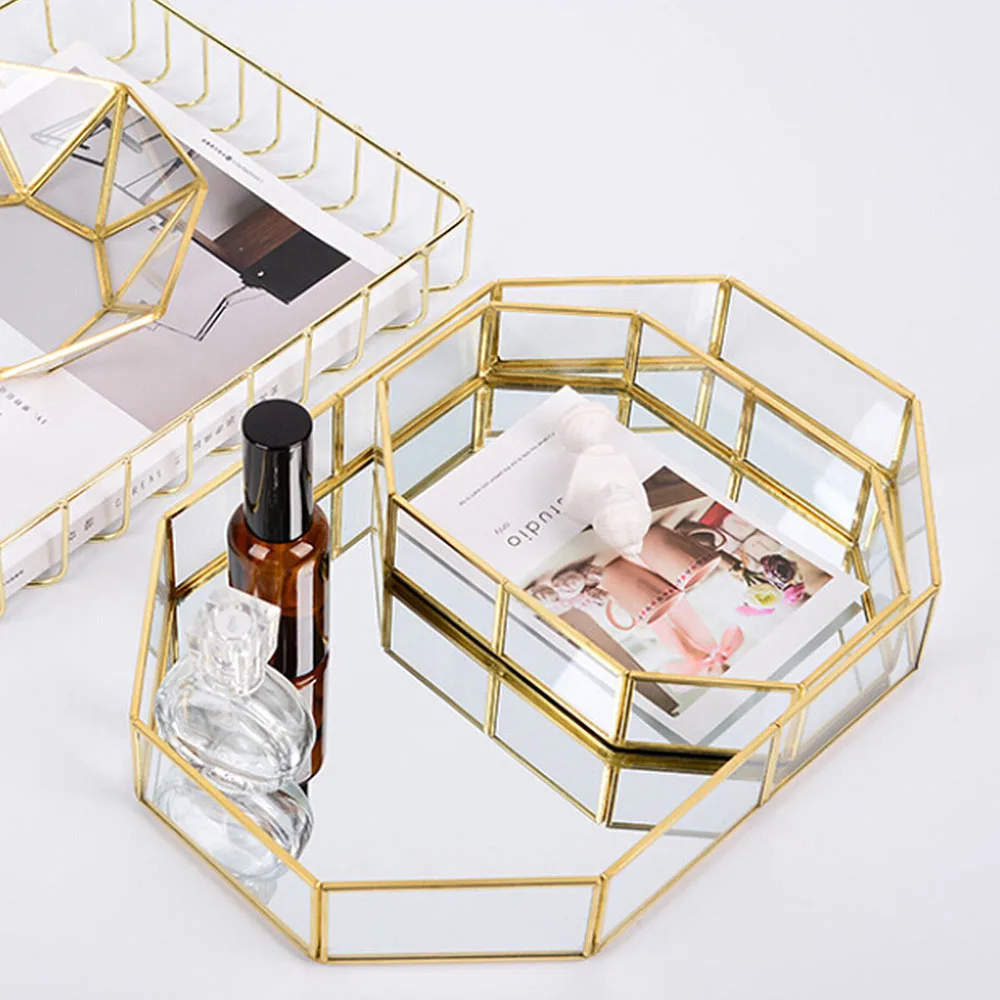 

Glass Copper Geometry Storage Baskets Box Simplicity Style Home Organizer Plate