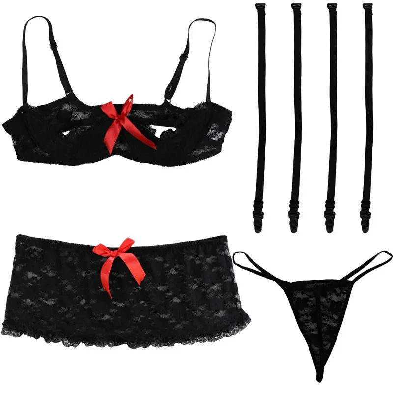 Пикантное женское нижнее белье Babydoll Набор белья кружевной открытый бюстгальтер