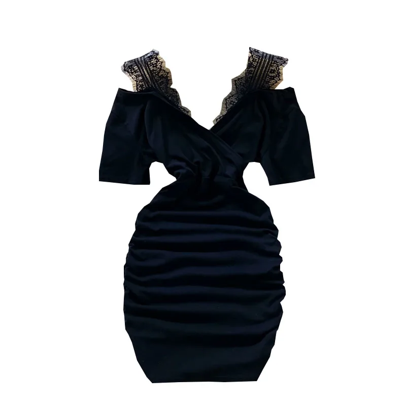 

2021 Summer New V-neck Off Shoulder Lace Stitching Pleated Waist Show Slim Buttock Dress Short Sleeve Backless Sundresses Women