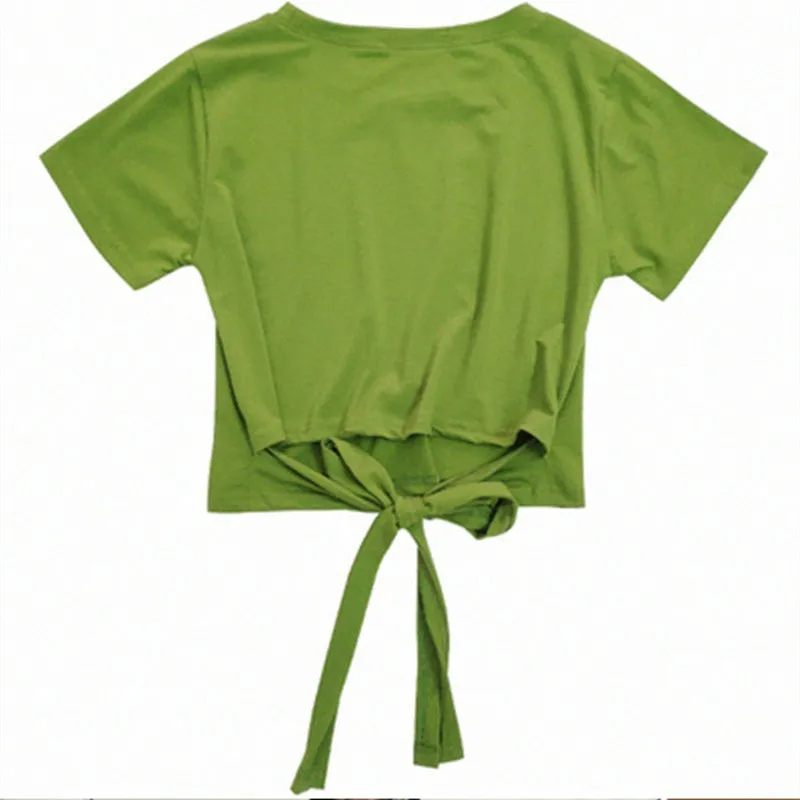 

2021 Bow Backless Crop Top T-shirt Women Green Sexy Hollow Out Loose Copped Y2K Tee Shirt Femme T-shirts Woman Tops Korean