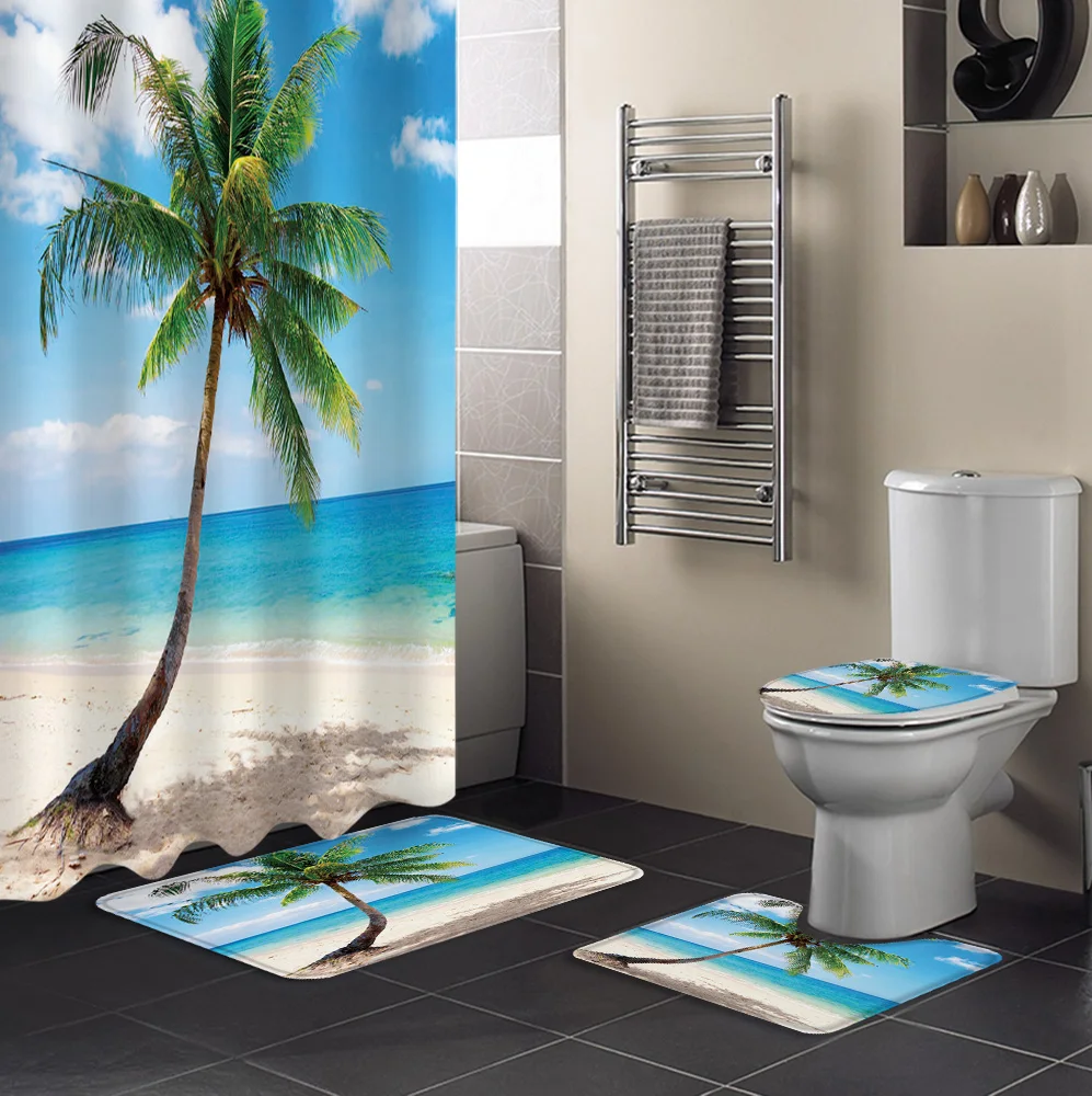 Пляжные кокосовое голубое небо Ванная комната Шторы комплект набор ковриков для