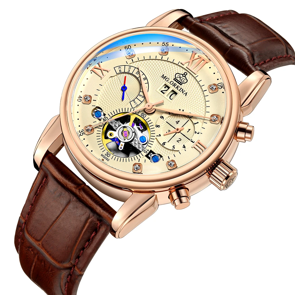 Бренд Orkina Tourbillon Мужские механические часы светящаяся Автоматическая Дата Натуральная кожа ремешок мужской платье часы механические стимпанк