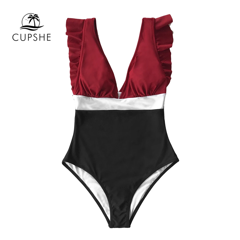 Женский слитный купальник CUPSHE красный черный и белый с оборками глубоким v