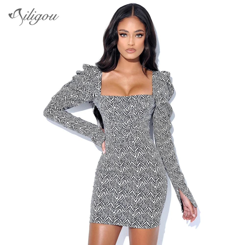 

Ailigou Striped Print Ladies Long Sleeve Mid-length Dress Square Neck Skinny Sexy Streetwear 2022 New Club Celebrity Party Dress