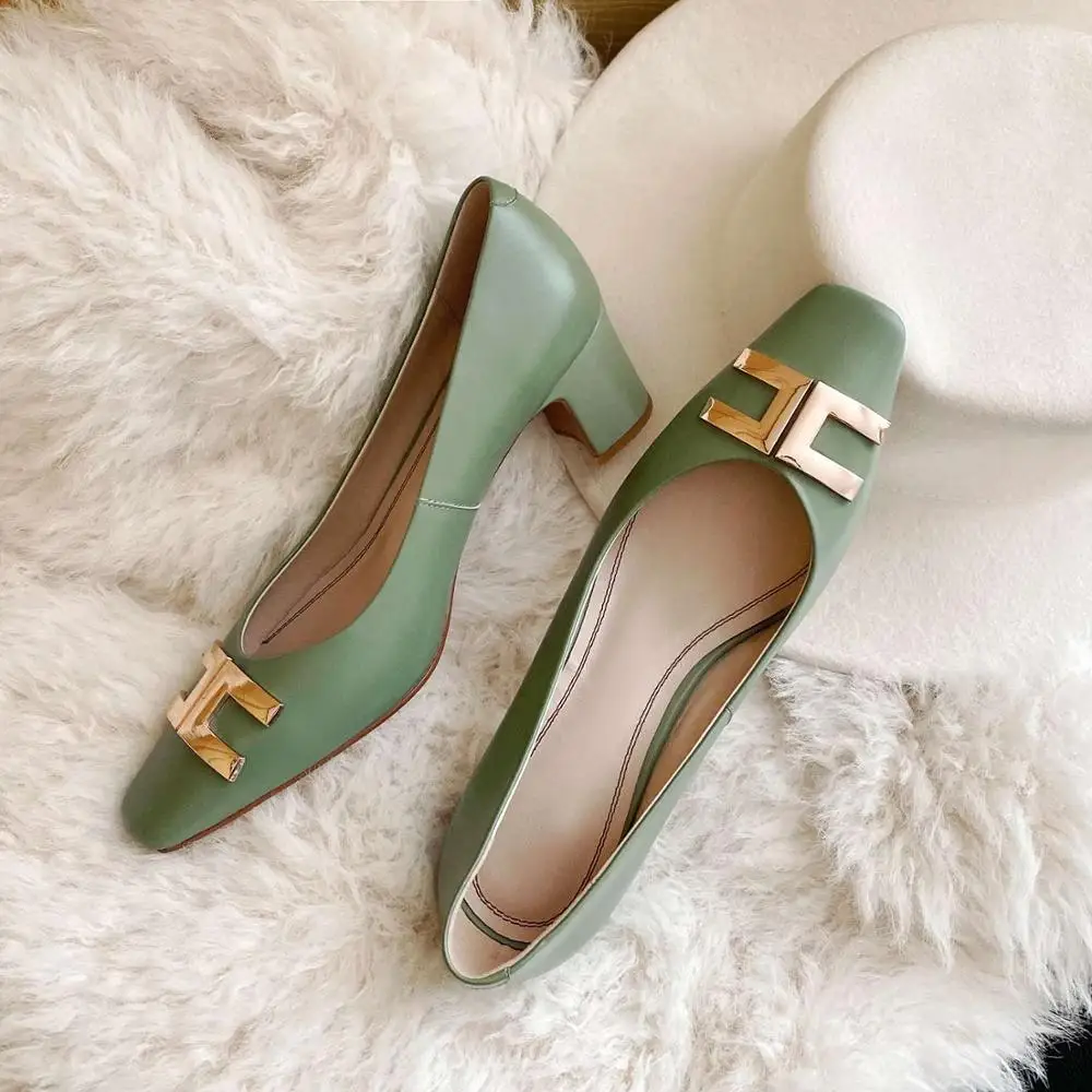 

Krazing Pot genuine leather square toe high heels metal decoration three colors Korean street retro early spring women pumps L98