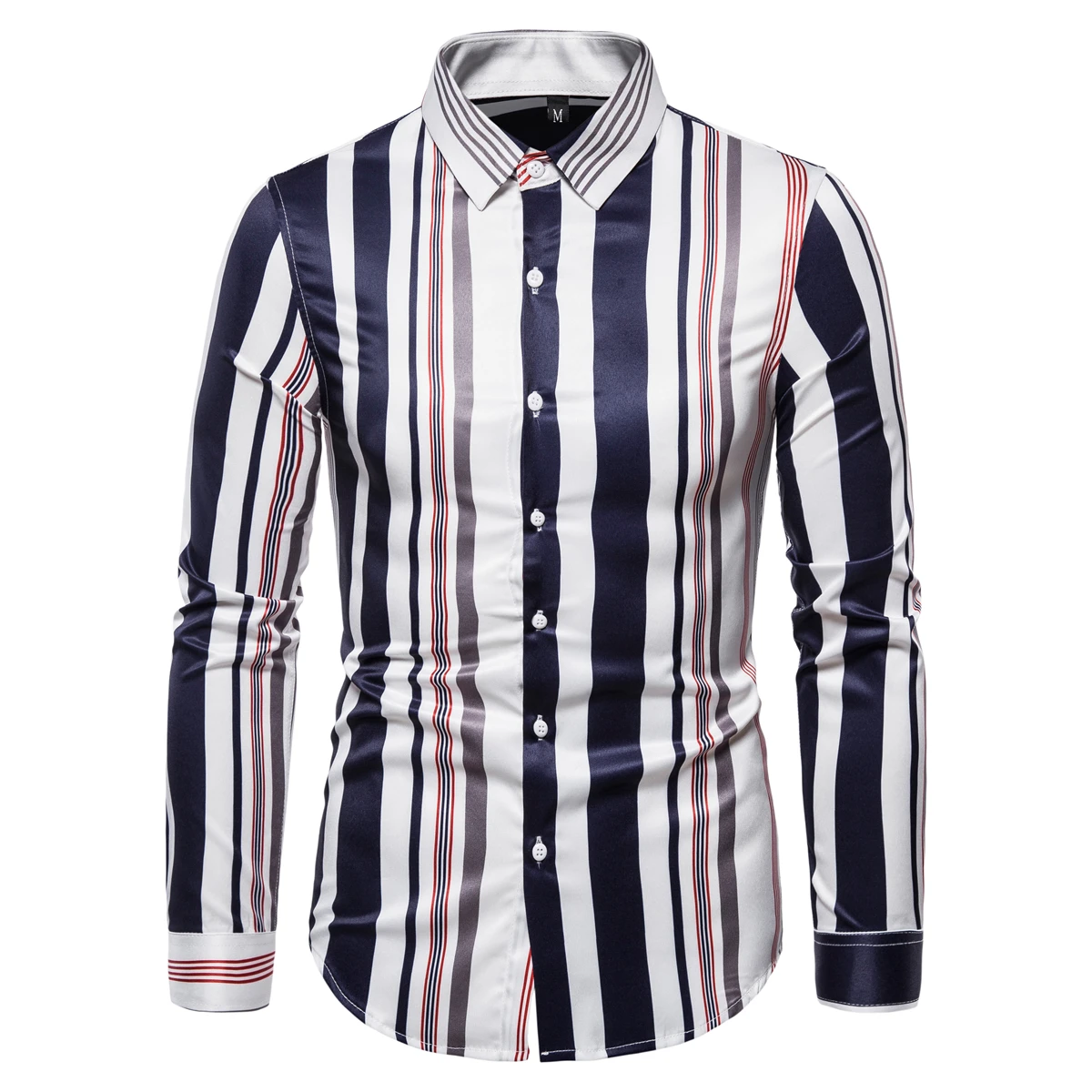 

2020 New Men's Long-sleeved Shirt Asymmetrical Design Striped Tops Fashion Personality Slim Slim Printed Casual Shirts Popular