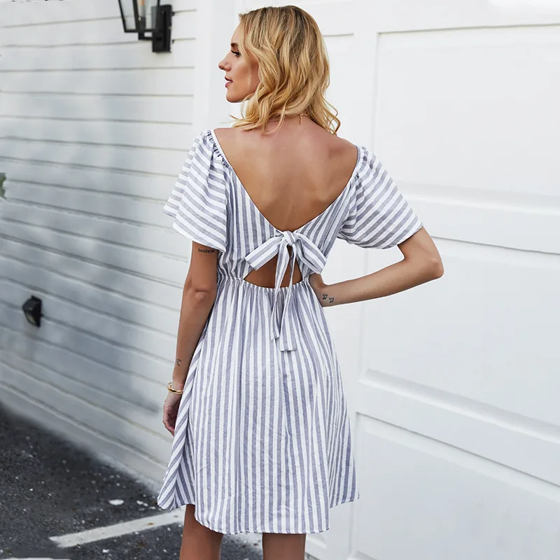 ZOGAA 2020 Summer Leisure Vacation Beach Walking Skirt V-neck Striped White Elegant Dress | Женская одежда