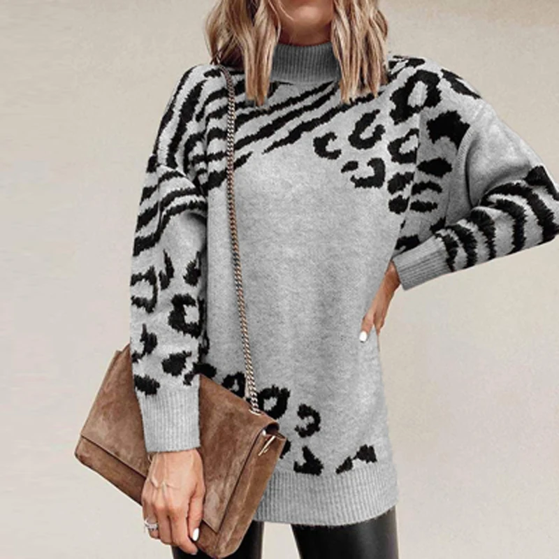 

Women Turtleneck Knitted Sweaters Long Sleeve Casual Thick Leopard Print Pullover Autumn Winter Patchwork Loose Sweater Ladies