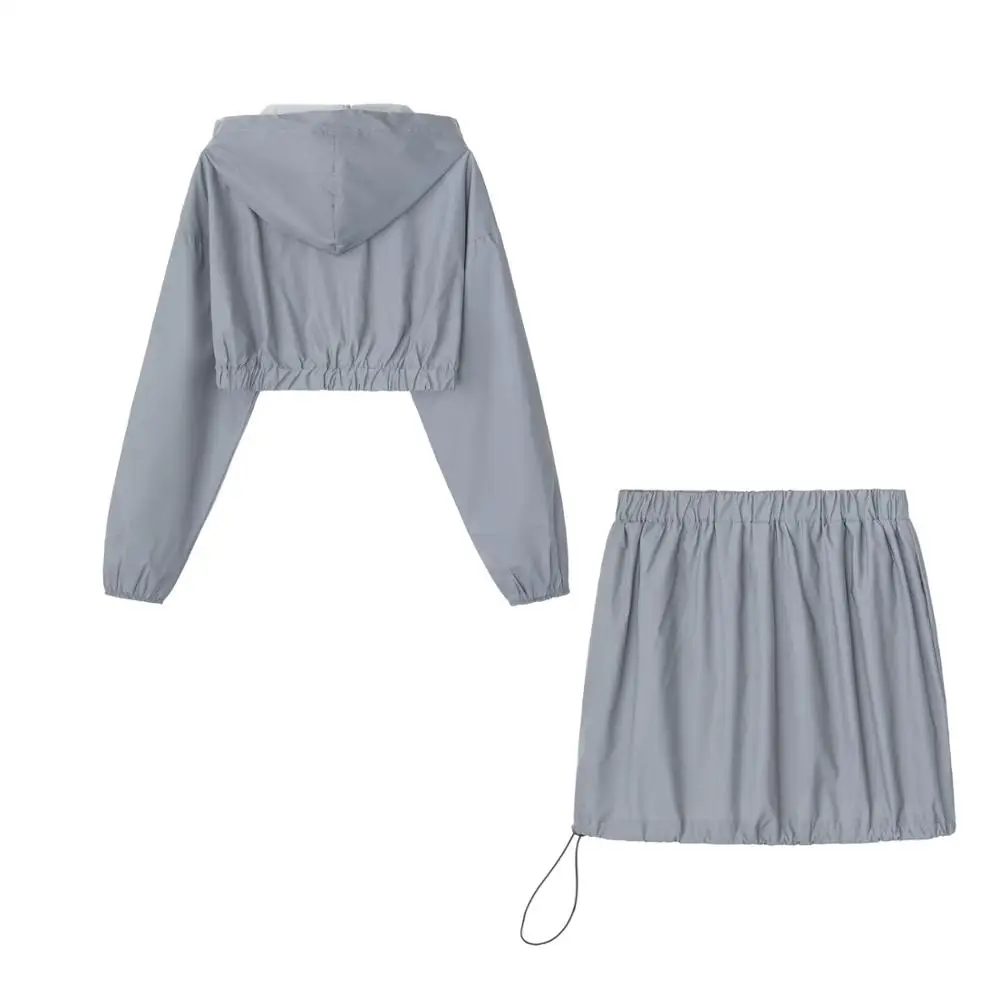 

2Pcs Set Women Reflective Tracksuit Crop Top Long Sleeve Hooded Top Short Skirt Bodycon New Sport Gym Zipper Women Two Piece Set